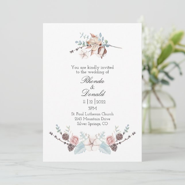 Invitación Boda de acuarela floral y follaje de invierno (Anverso de pie)