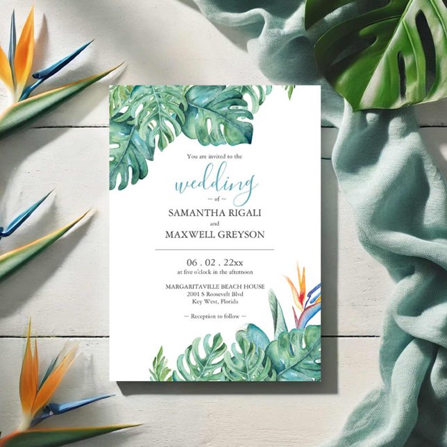 Invitación Boda de Acuarela Flores Tropicales y Follaje (Tropical destination wedding invitations watercolor floral and palm leaf art by Victoria Grigaliunas)