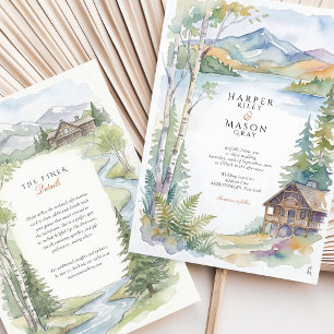 Invitación Boda de acuarela forestal en el lago de la montaña
