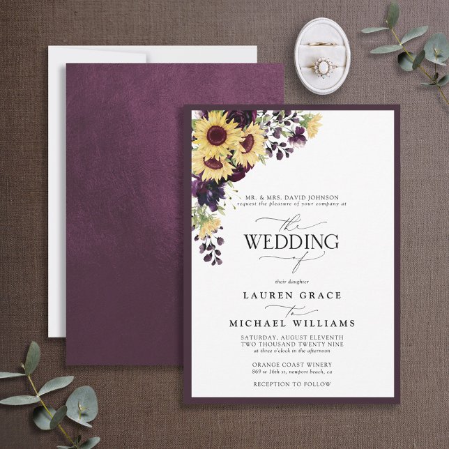 Invitación Boda de acuarela formalmente de Plum Purple Sunflo (Subido por el creador)