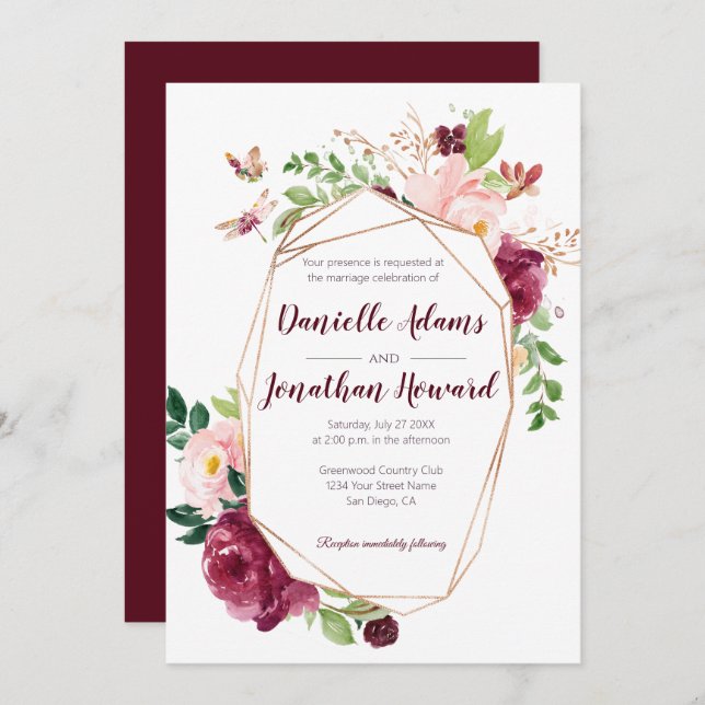 Invitación Boda de acuarela geométrica de Borgoña y Rosa | (Anverso / Reverso)