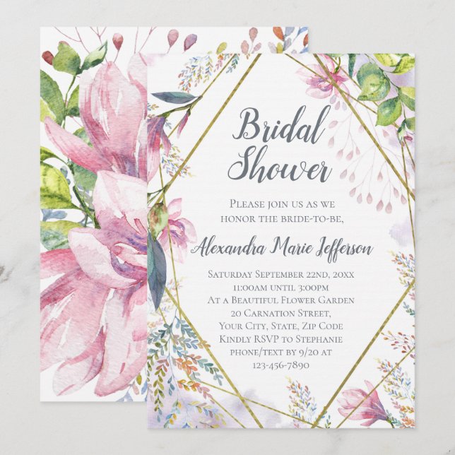 Invitación Boda de acuarela geométrica de flor lirio rosa (Anverso / Reverso)