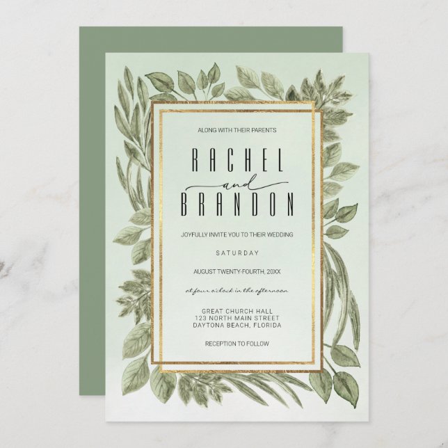 Invitación Boda de acuarela Gold Sage Green Greenerenereneren (Anverso / Reverso)