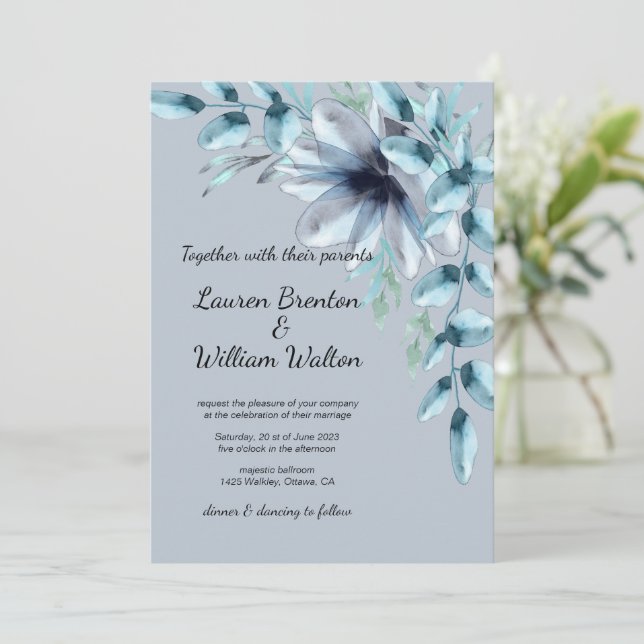 Invitación Boda de acuarela gris azul polvoriento (Anverso de pie)