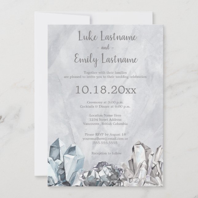 Invitación Boda de acuarela gris con geodas y piedras precios (Anverso)