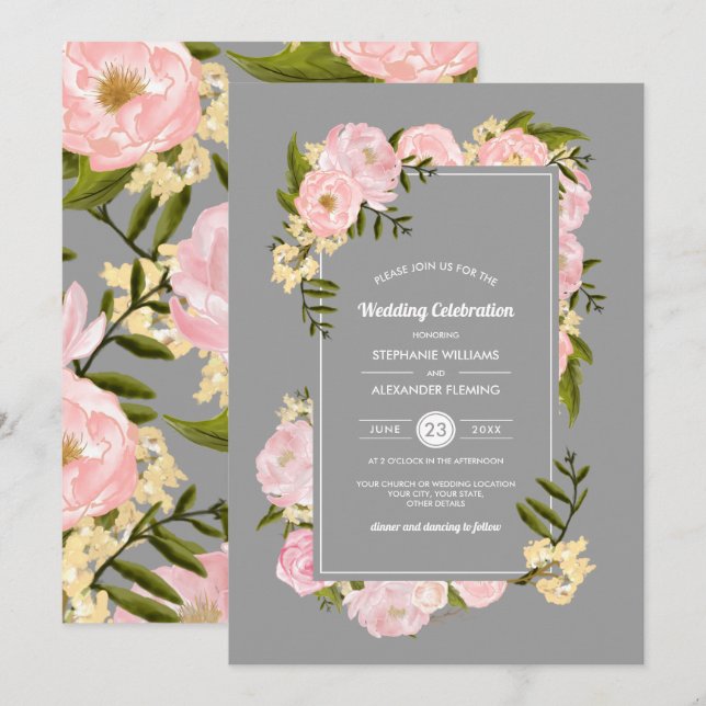 Invitación Boda de acuarela gris de Rubor Pink Peonies (Anverso / Reverso)