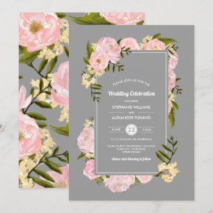 Invitación Boda de acuarela gris de Rubor Pink Peonies