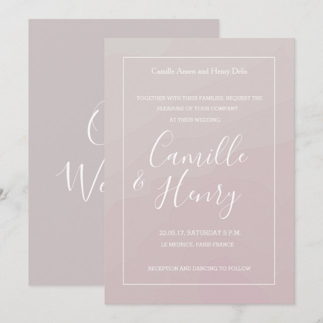 Invitación Boda de acuarela gris rosa de tipo elegante (Anverso / Reverso)
