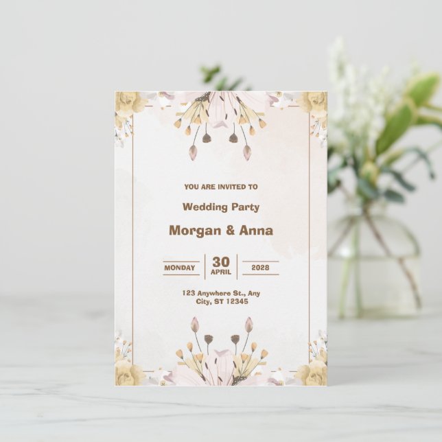 Invitación Boda de acuarela gris y marrón (Anverso de pie)