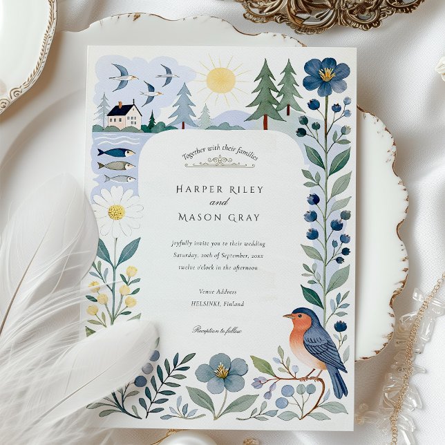 Invitación Boda de acuarela Helsinki Nordic Forest & Birds (Subido por el creador)