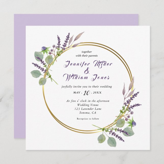 Invitación Boda de acuarela lavanda y eucalipto (Anverso / Reverso)