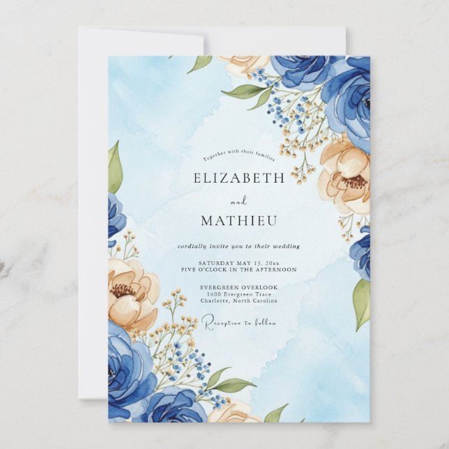 Invitación Boda de Acuarela Majestuosa Azul Real (Anverso)