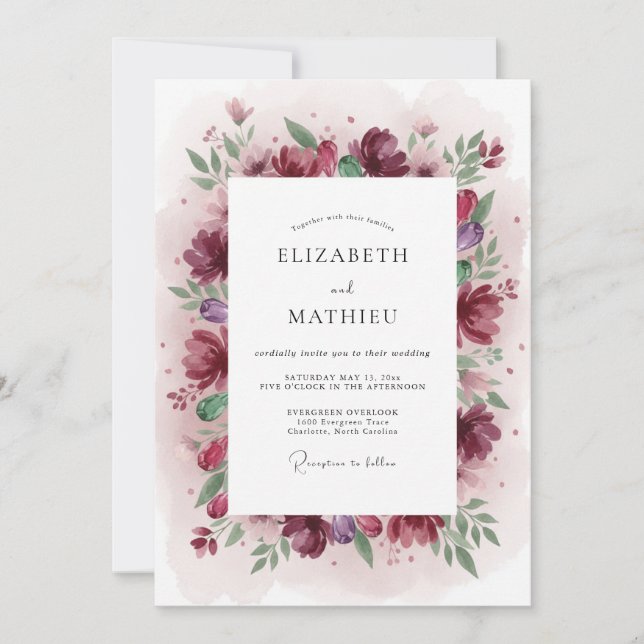 Invitación Boda de Acuarela Malhumorada de Borgoña (Anverso)