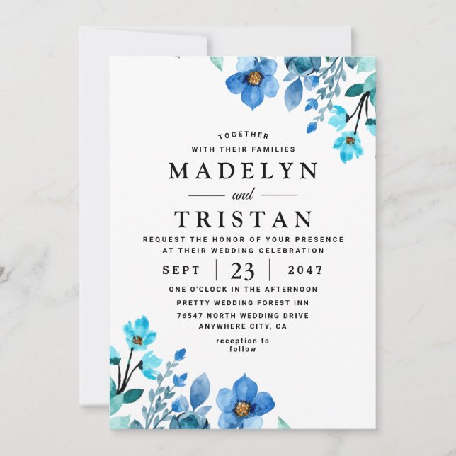 Invitación Boda de acuarela Minimalista azul (Anverso)
