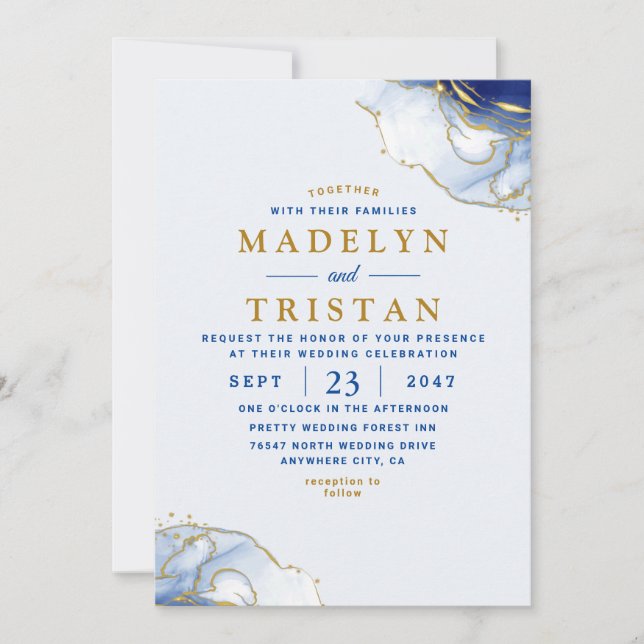 Invitación Boda de acuarela Minimalista azul (Anverso)