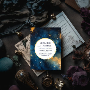 Invitación Boda de Acuarela Mística de Azul Medianoche y Dora