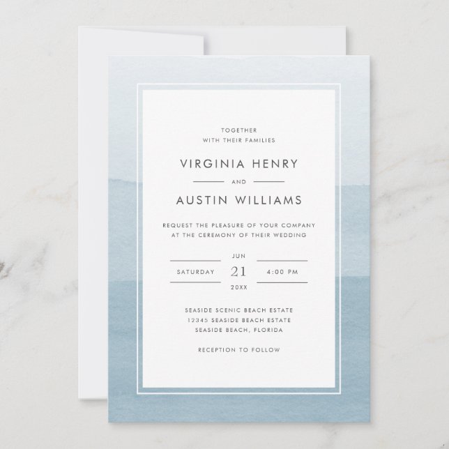 Invitación Boda de acuarela moderna azul polvoriento (Anverso)