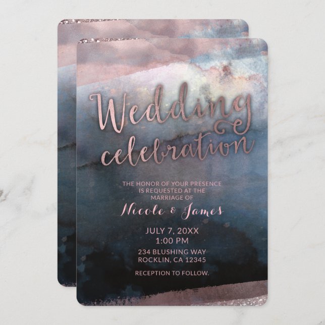 Invitación Boda de acuarela moderna azul y rosa dorado (Anverso / Reverso)