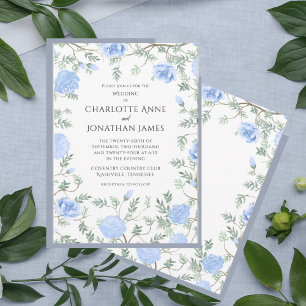 Invitación Boda de acuarela moderna con vegetación floral azu