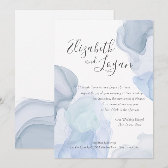 Invitación Boda de acuarela moderna de Ocean Blue Abstract (Anverso / Reverso)