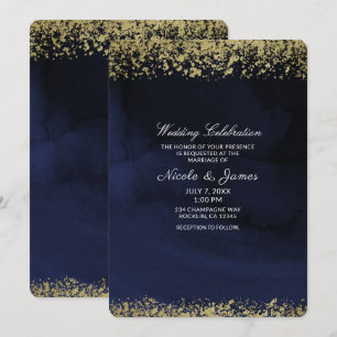 Invitación Boda de acuarela moderna en azul marino y dorado
