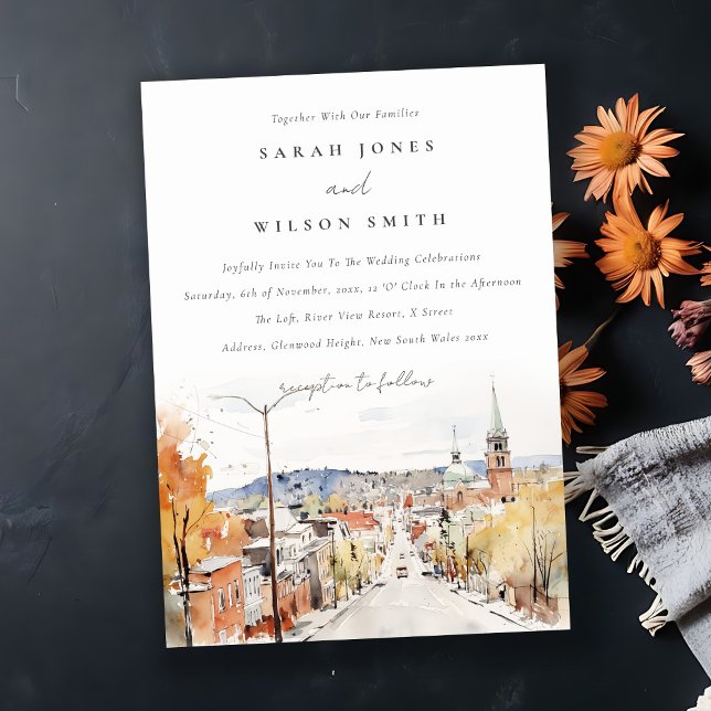 Invitación Boda de acuarela Montpelier City Scape Vermont (Subido por el creador)