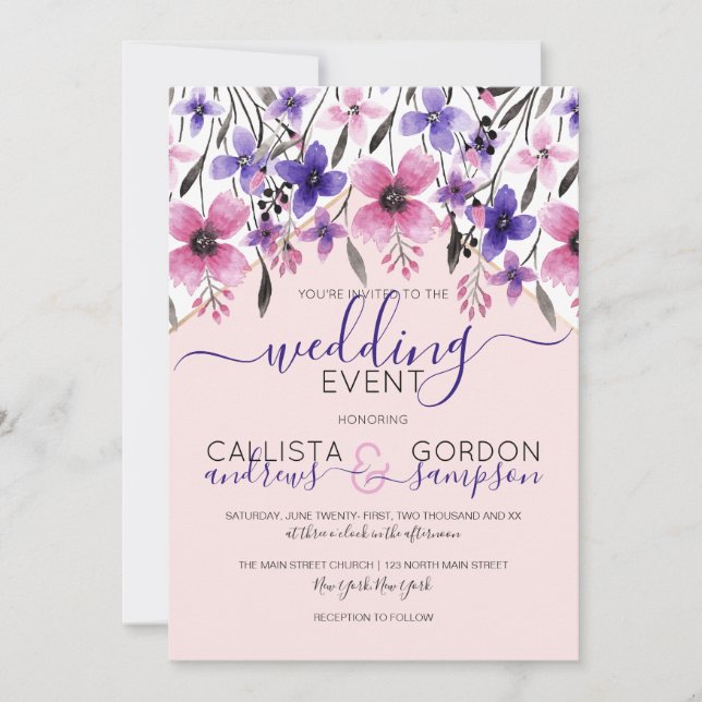 Invitación Boda de acuarela morada rosa (Anverso)
