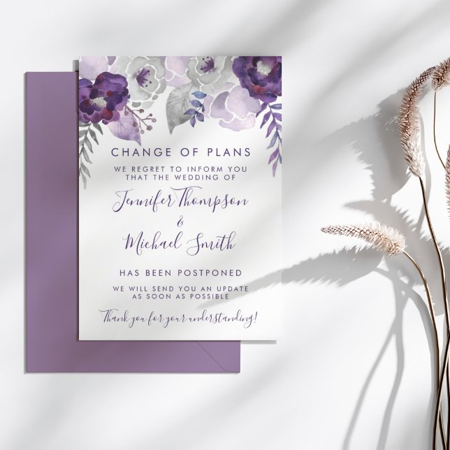 Invitación Boda de Acuarela Morada y Plateada Cambio de Plane (Purple & Silver Watercolor Wedding Change of Plans)