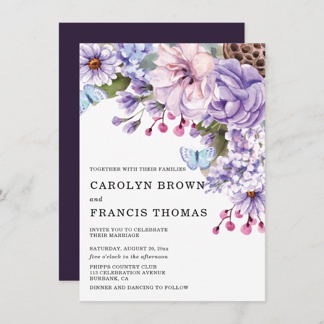 Invitación Boda de acuarela morado floral (Anverso / Reverso)