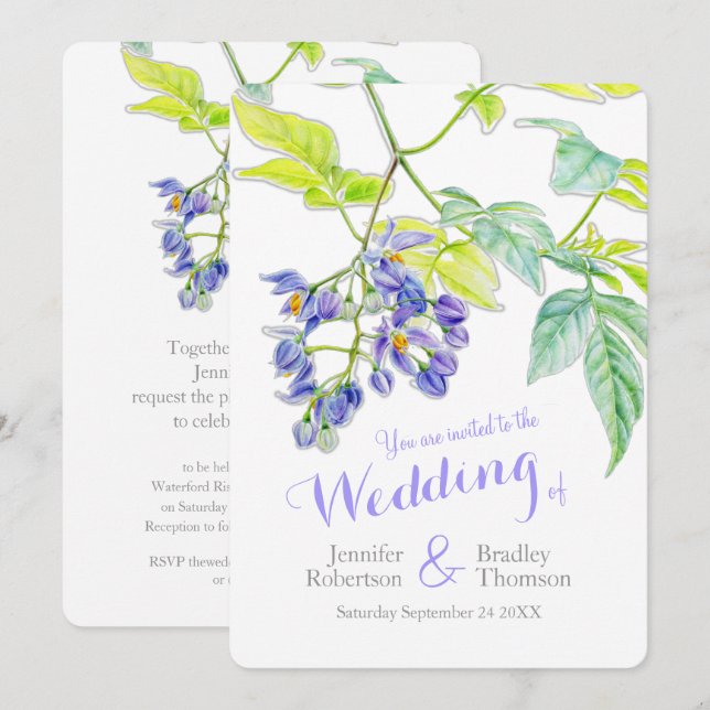 Invitación Boda de acuarela morado floral de papa creeper (Anverso / Reverso)
