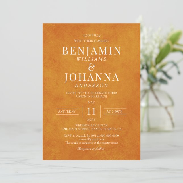 Invitación Boda de acuarela Naranja elegante clásico (Anverso de pie)