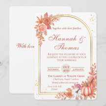 Boda de acuarela naranja floral con oro y calabaza