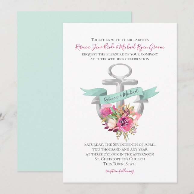 Invitación Boda de acuarela náutica de anclaje floral (Anverso / Reverso)