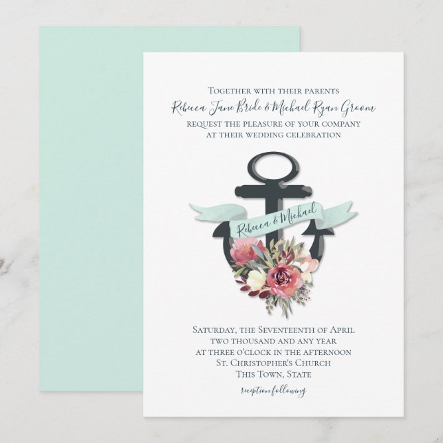 Invitación Boda de acuarela náutica de anclaje floral (Anverso / Reverso)