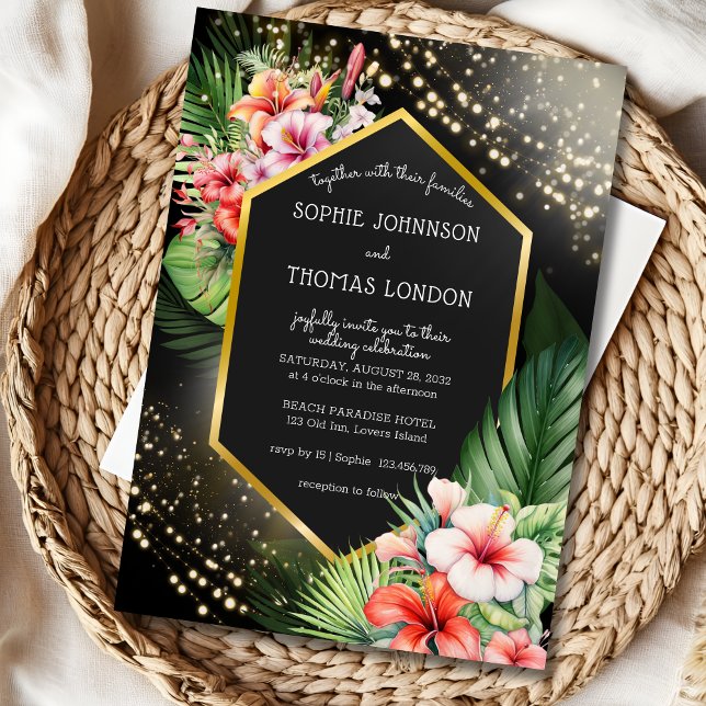 Invitación Boda de acuarela negra de la noche tropical coster (Subido por el creador)