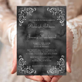 Invitación Boda de Acuarela Negra y Plateada Vintage