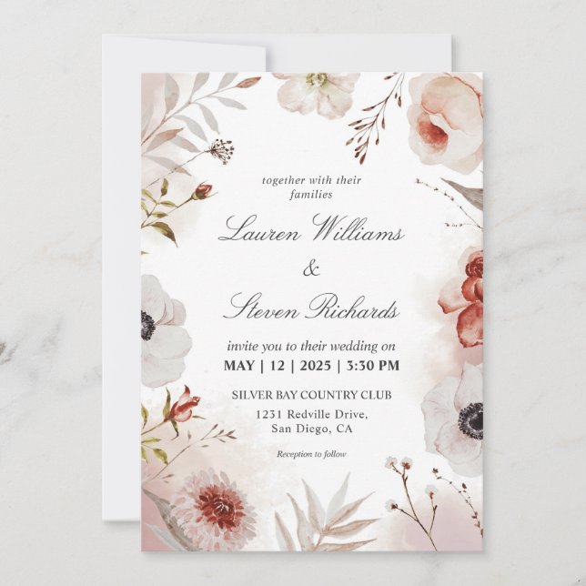 Invitación Boda de acuarela otoñal rosa blanco personalizado (Anverso)