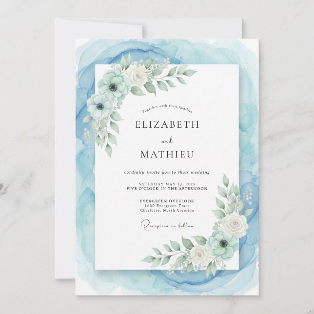 Invitación Boda de Acuarela Radiante Azul Polvoriento (Anverso)