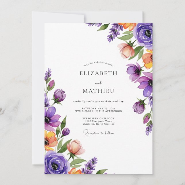 Invitación Boda de acuarela radiante de lavanda (Anverso)
