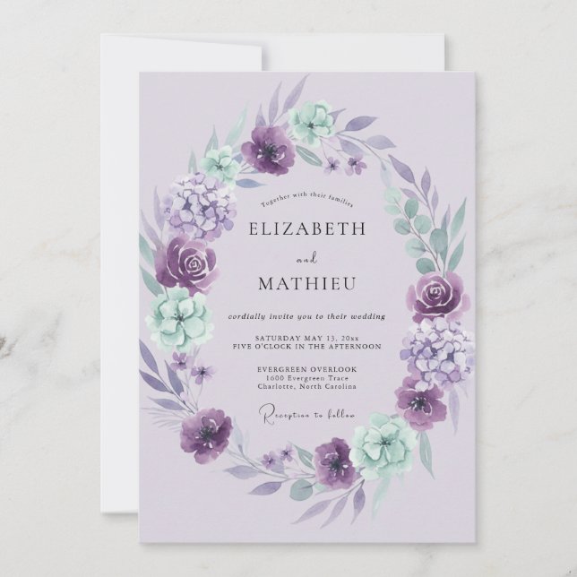 Invitación Boda de acuarela radiante de lavanda y menta (Anverso)