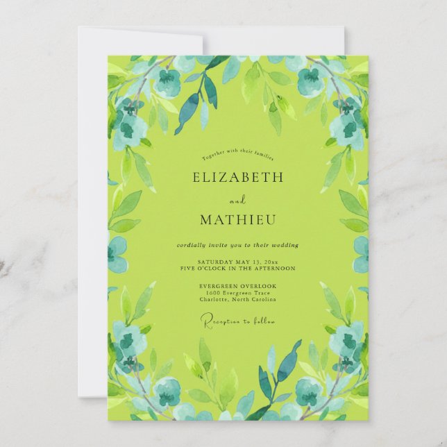 Invitación Boda de Acuarela Radiante Verde Lima (Anverso)