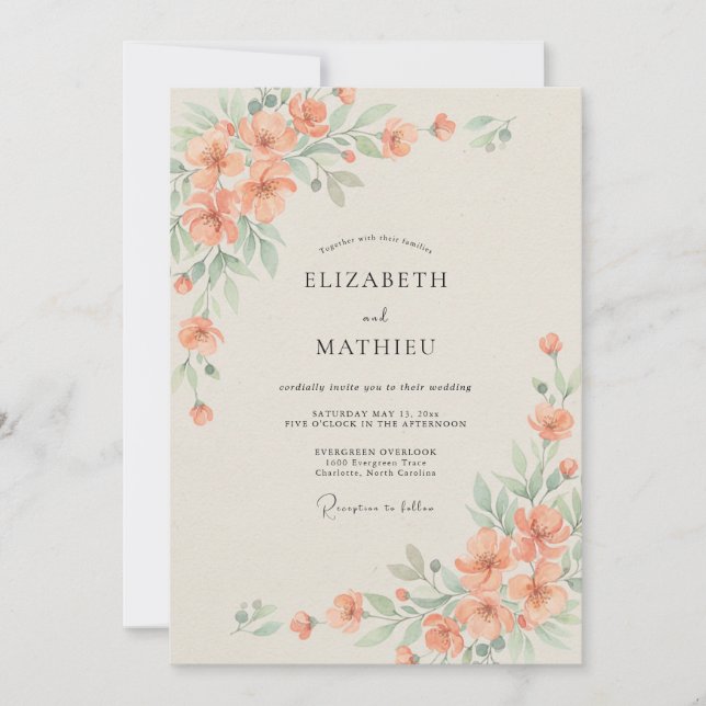Invitación Boda de Acuarela Refinada de Melocotón (Anverso)