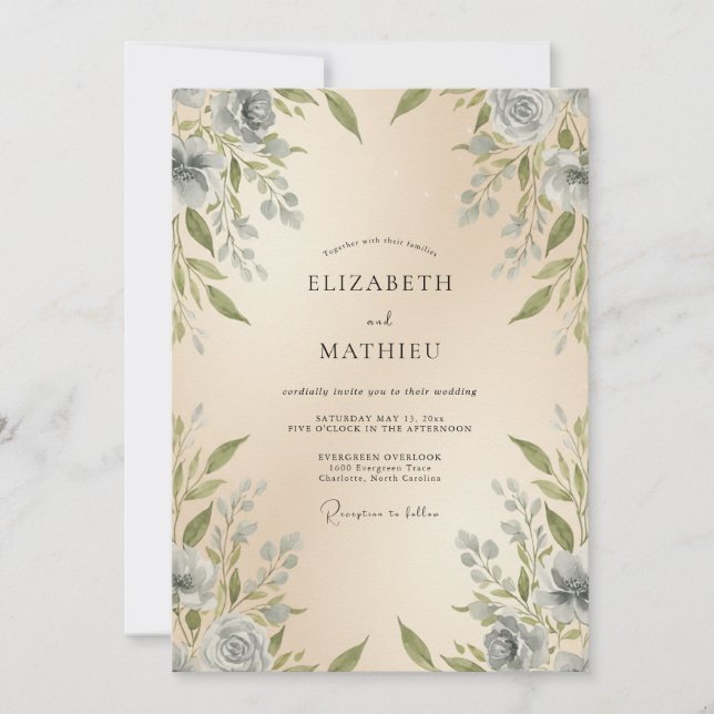 Invitación Boda de Acuarela Refinada en Crema (Anverso)