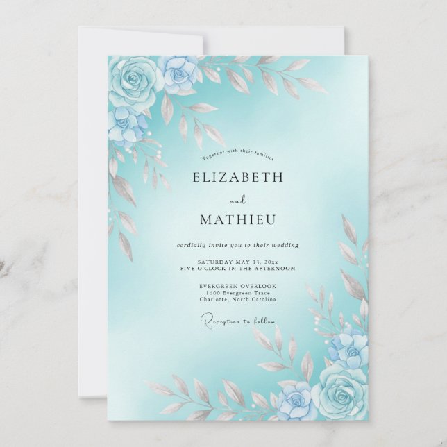 Invitación Boda de acuarela refrescante cyan (Anverso)