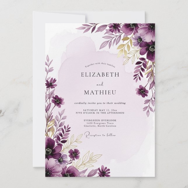 Invitación Boda de Acuarela Resplandeciente de Ciruela (Anverso)