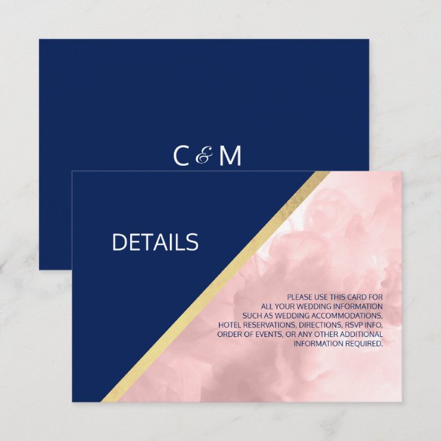Invitación Boda de acuarela rosa azul marino y Rubor rosa ros (Anverso / Reverso)
