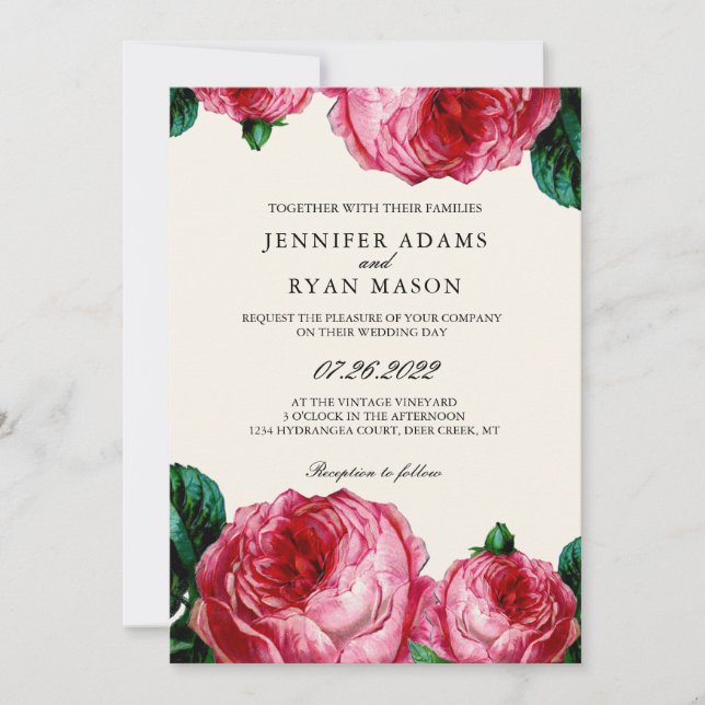 Invitación Boda de acuarela rosa bruta de época (Anverso)