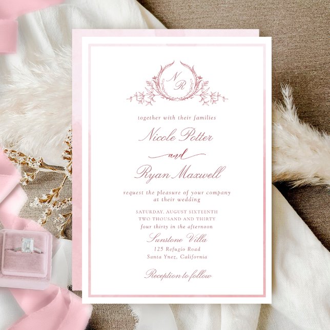 Invitación Boda de acuarela Rosa clásico monograma (Subido por el creador)