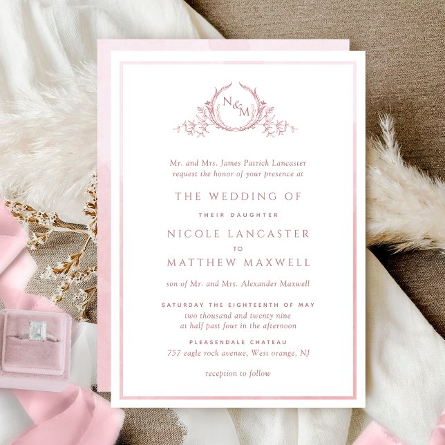 Invitación Boda de acuarela Rosa de monograma formal (Subido por el creador)