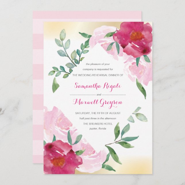 Invitación Boda de acuarela rosa floral ensayo Cena (Anverso / Reverso)